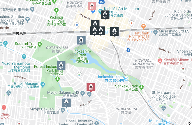 A screenshot of Gluten-Free Guide's map of Kichijoji.